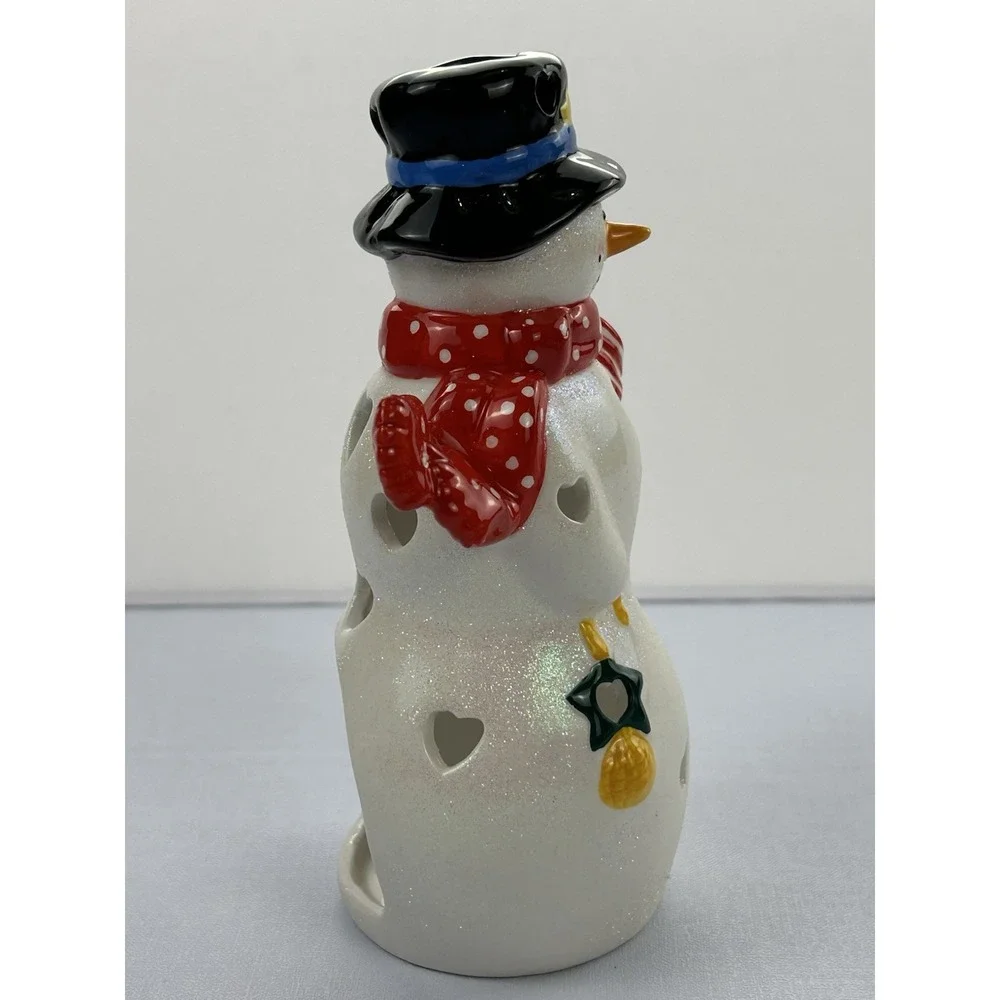 Ceramic Snowman Tealight Candle Holder Christmas Wreath Glitter Luminary 7